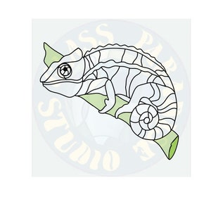 Op de afbeelding: Een zwart-witte lijntekening van een kameleon die op een groene tak zit. De kameleon heeft een groot oog en een lange staart.