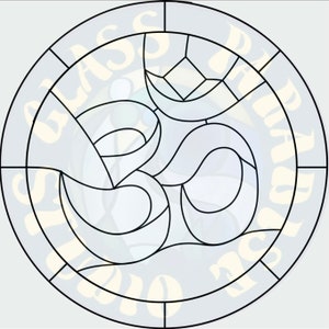 May include: A black and white stained glass design of the Om symbol, surrounded by the text "Glass Studio Paradise".