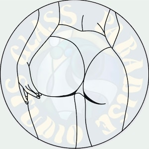 May include: Line drawing of a person's back side with the text "Glass Studio Paradise" in a circle around the figure.