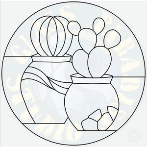 May include: Black and white line art illustration of two potted cacti inside a circle. One cactus is tall and cylindrical, the other has flat, paddle-shaped leaves. The pots are simple, with the one on the left having curved lines.