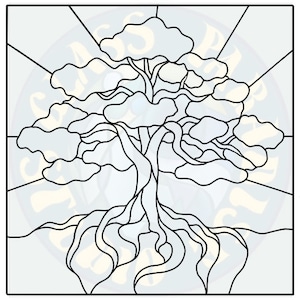 May include: A black and white line drawing of a tree with a large, intricate root system. The tree has many branches and leaves, and the roots are spread out in a wide circle.