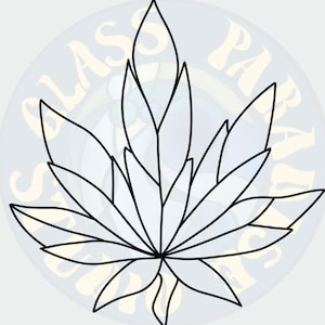 May include: A black and white line drawing of a stylised cannabis leaf with multiple points.