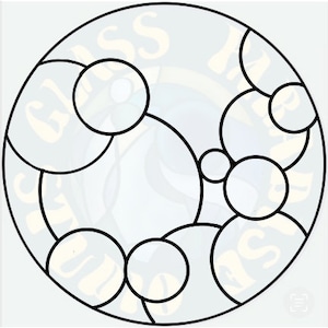 May include: A black and white line drawing of a stained glass window design with a circular pattern of overlapping circles.
