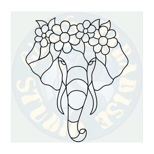 May include: Line art illustration of an elephant's head with a floral crown. The elephant's head is facing forward with its trunk curled up. The floral crown is made of simple flower shapes.