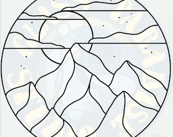 May include: A black and white line drawing of a mountain range with a sun and clouds in the background. The drawing is in a circle.