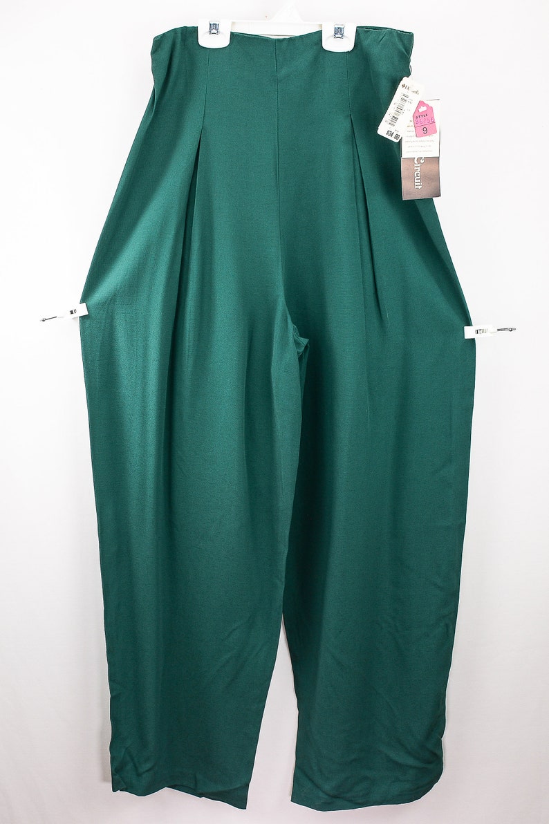Vintage Size 9 Dark Green Rayon Pleated Pants With A Hollywood Waist 90s New Old Stock