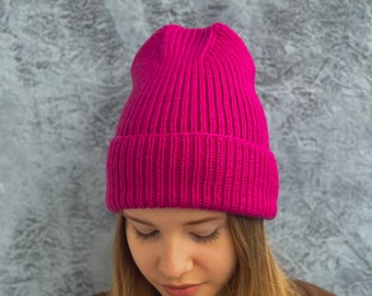 Pink hat Neon pink beanie Running beanie hat Knitted hat Womens knit hat Winter hat Knitted beanie Knitted hat for women  Bright pink color