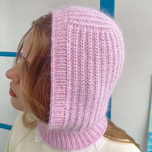 Hand Knitted Merino Wool Balaclava: Mohair Hood, Light Rose