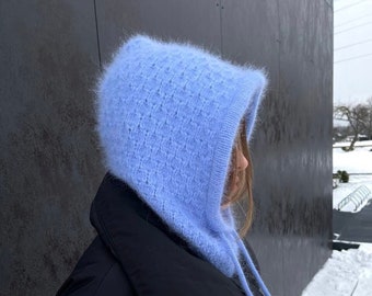 Cagoule en laine bleue Cagoule en laine Capuche duveteuse Masque en laine Masque tricoté Masque complet d'hiver pour femme Masque de ski Masque facial