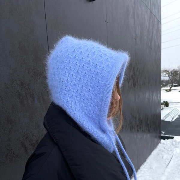 Fluffy Knit Wool Balaclava – Cozy Winter Hood & Ski Mask, Handmade Warm Hat Gift