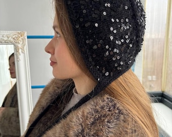 Sequin Angora Bonnet – Hand Knitted Tie Hat for Women, Soft Winter Knit Headwear, Elegant Handmade Sparkly Bonnet