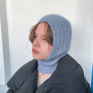 Knitted Fashion Balaclava Cashmere wool hand knitted balaclava Mohair hood Cashmere and Mohair hood with ribbed stitch pattern 2x2