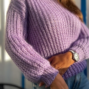 Mohair Pullover für Frauen Mohair Pullover Lila Wollpullover Mohair Pullover Kabelpullover Rosa Mohair handgestrickter Pullover Oversized Pullover