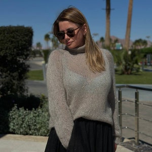 Light beige Mohair Sweater, Mohair sweater, Wool sweater,Wedding sweater,Turtleneck mohair jumper,Sheer jumper,Silk mohair sweater