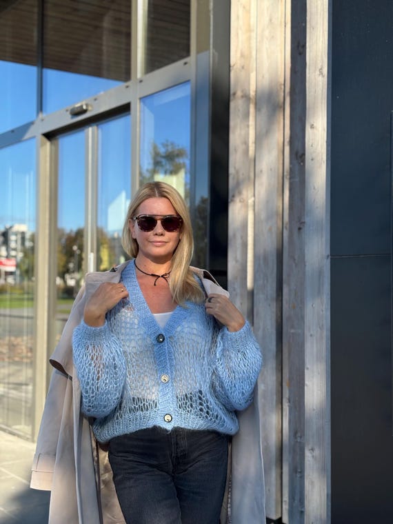 Blue Mohair Cardigan Luxury Cardigan Kid Mohair Cardigan Wool