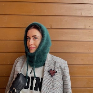 Green wool balaclava hat Wool balaclava Fluffy hood Wool mask Knitted mask Winter full face mask for women Ski mask Face mask