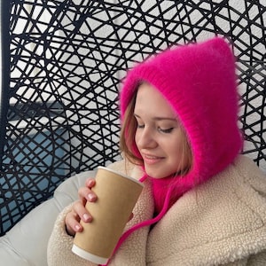 Wool balaclava Fluffy hood Pink wool balaclava hat Wool mask Knitted mask Winter full face mask for women Ski mask Angora balaclava hat