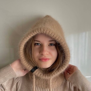Wool balaclava Fluffy hood Beige wool balaclava hat Wool mask Knitted mask Winter full face mask for women Ski mask  Aviator cap Winter hood