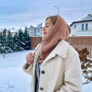 Angora balaclava Fluffy hood Brown wool balaclava hat Wool mask Winter full face mask for women  Woman winter hood Fluffy knit hood