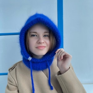 Blue Angora Balaclava: Knitted Wool Hood, Winter Face Mask