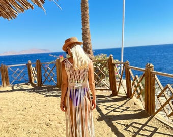 Vestido playero de macramé hecho a mano – Conjunto bohemio para festivales, vestido largo de macramé con flecos, pareo de ganchillo veraniego, ropa de playa hecha a mano