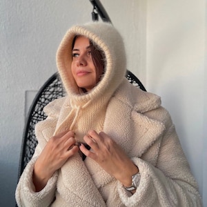 Beige Wool Balaclava: Fluffy Hood, Winter Face Mask