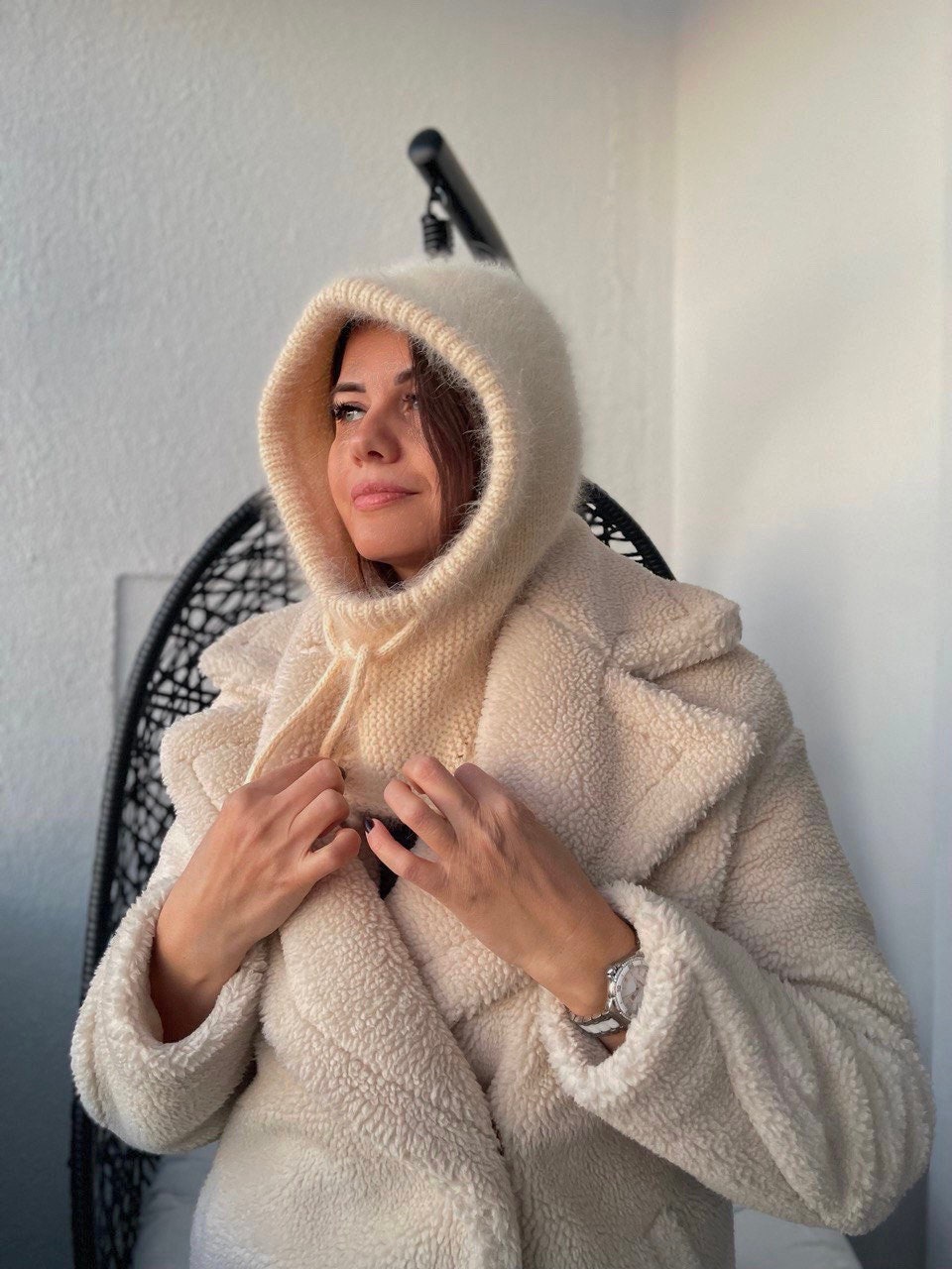 Beige Wool Balaclava - Hand-Knitted Fluffy Hood, Soft Angora Style Winter Hat, Cozy Warm Face Mask for Women, Minimalist Gift
