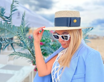 Ivory Straw Boater Hat – Handmade Raffia Canotier, Summer Wide Brim Hat for Women, Elegant Beach Hat, Vacation Style Accessory