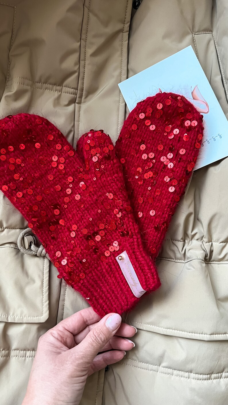 Red Sequin Angora Mittens – Handmade Wool Knit Gloves, Sparkly Winter ...