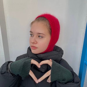 Red Merino Wool Balaclava Hood: Hand-Knitted Mohair Blend