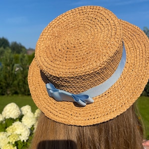 Boater hat women Flat Brim Straw Sun Hat  Beach Vacation Straw Hat Unisex summer hat Natural straw canoe hat Canotier Hat