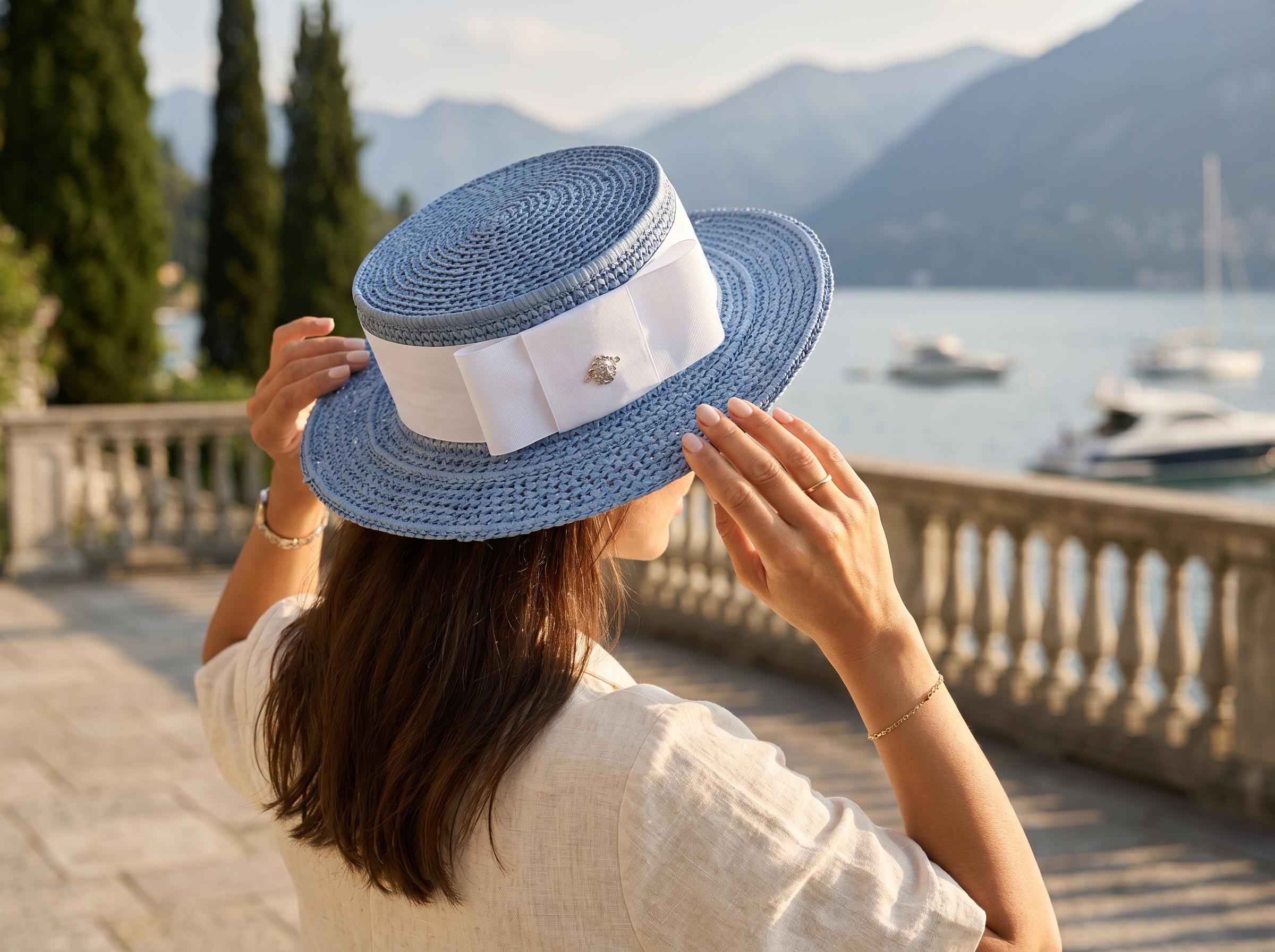 Powder Blue Raffia Boater Hat - Handmade Minimal Canotier, Flat Brim Straw Hat for Women, Elegant Summer Hat, Chic Vacation Accessory