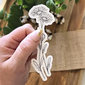 Sticker April Daisy Birth Month Flower | 1,25 x 4 inch glanzend waterdicht vinyl | Zwart-wit handgetekende botanische, geïllustreerde bloemencadeau