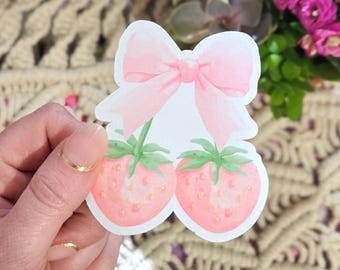 Coquette Pink Bow & Strawberries Sticker | Waterproof Vinyl | 2”, 3”, 4” Sizes | Soft Girl Aesthetic | Laptop, Water Bottle, Journal Decal