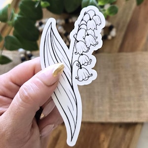 Sticker bloem van de geboortemaand van de maand mei lelietje-van-dalen | 2" x 4" glanzend waterdicht vinyl | Zwart-wit handgetekende botanisch, geïllustreerd met bloemen