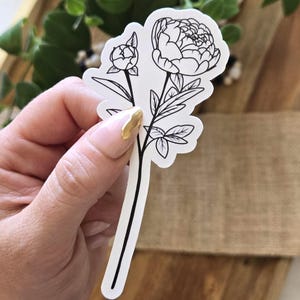 Adesivo floreale del mese di nascita di novembre, peonia / Vinile impermeabile lucido 2" x 4" / Regalo floreale illustrato e botanico disegnato a mano in bianco e nero