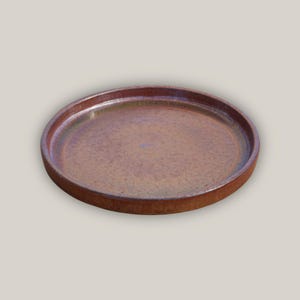 May include: A round, ceramic plate with a raised rim. The plate has a mottled, earthy brown glaze with hints of green and purple. The plate is a decorative piece for serving food or displaying items.