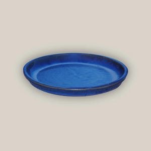 May include: A round, cobalt blue ceramic dish with a slightly raised rim. The dish has a glossy finish and a dark brown accent around the rim. The dish is likely used for serving food or as a decorative piece.