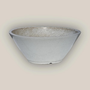 May include: A white ceramic bowl with a speckled, light brown interior. The bowl has a wide, angled design and a smooth exterior. The bowl is likely used for serving food.