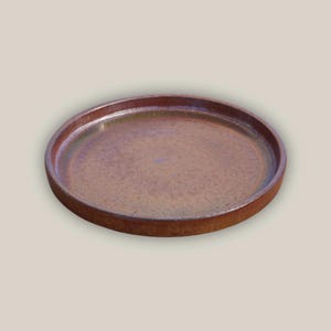 May include: A round, ceramic plate with a raised rim. The plate has a speckled, earthy brown glaze with hints of green and purple. The plate is a simple, yet elegant piece of tableware.