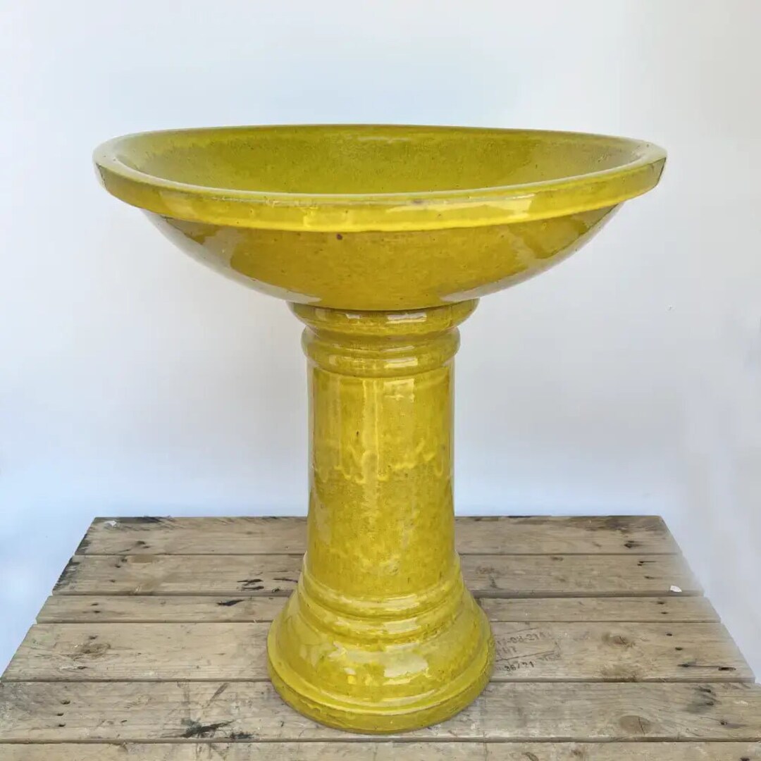 Atomic Yellow Round Ceramic Bird Bath Etsy