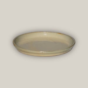 May include: A round, off-white ceramic serving dish with a slightly raised rim. The dish has a smooth, glossy finish and a simple, classic design. Ideal for serving appetizers or desserts.