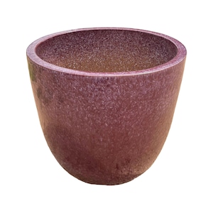 May include: A round, tapered plant pot with a deep plum-colored exterior featuring a mottled, textured glaze. The interior of the vessel is a contrasting earthy brown tone with a rough, granular surface texture visible within the wide opening.