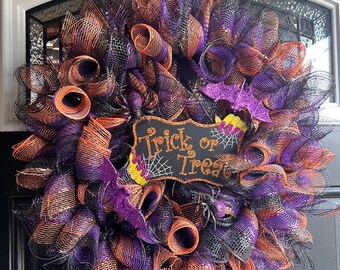 Deco Mesh Halloween Wreath, Purple, Orange, Spider & Bat Accents