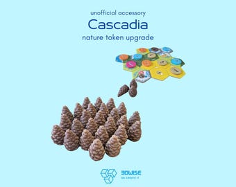 Puede incluir: Una colección de fichas marrones texturizadas con forma de piña para el juego de mesa Cascadia, acompañadas de un pequeño grupo de losetas hexagonales. El texto dice: unofficial accessory Cascadia nature token upgrade y 3DWISE WE CREATE IT.
