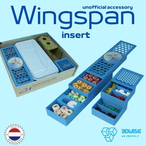 May include: A blue plastic board game organizer insert for Wingspan, featuring honeycomb-patterned lids and compartments for tokens, eggs, and dice. The set includes a large tray with a circular bird illustration and smaller modular containers.