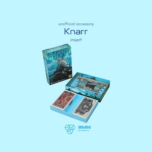 May include: An unofficial board game insert for Knarr, featuring a light blue plastic organiser tray with two card slots and a larger compartment. The game box is displayed alongside the insert, with text reading unofficial accessory Knarr insert.