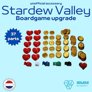 May include: An unofficial Stardew Valley board game upgrade set containing 37 parts. Includes ten red heart tokens, various gold-colored coins marked with 1, 5, and 10, and five small player figures in red, white, blue, green, and black colors.