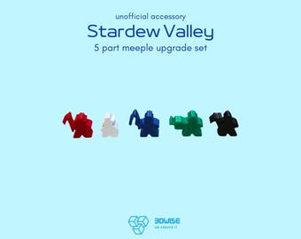 May include: A set of five small game meeples in red, white, blue, green, and black. The text reads: unofficial accessory Stardew Valley 5 part meeple upgrade set. A logo with three cubes and the text 3DWISE WE CREATE IT is at the bottom.