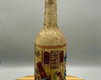 Egyptian Temple Wall Glass Decoupage Wine Bottle Art with Polymer Clay Accents & Battery-Powered Lights | HOUSEWARMING BIRTHDAY ANNIVERSARY